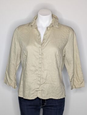 Max Studio Tan Linen 3/4 Sleeve Button Up Top L